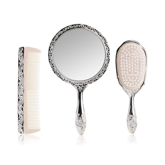 NWB Victorian Trading Co Brush Silver Comb & Mirror Silver Plated 3 Vanity Set - Picture 1 of 8
